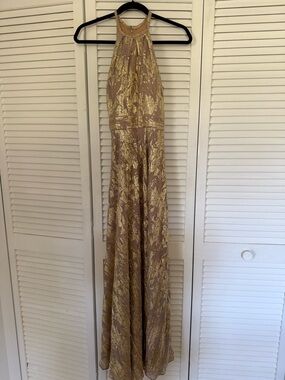 Aqua Metallic Gold and Taupe Pleated Formal Dress